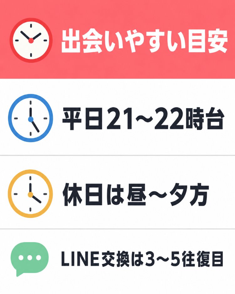 出会いやすい時間帯とLINE交換タイミングの目安をまとめた画像