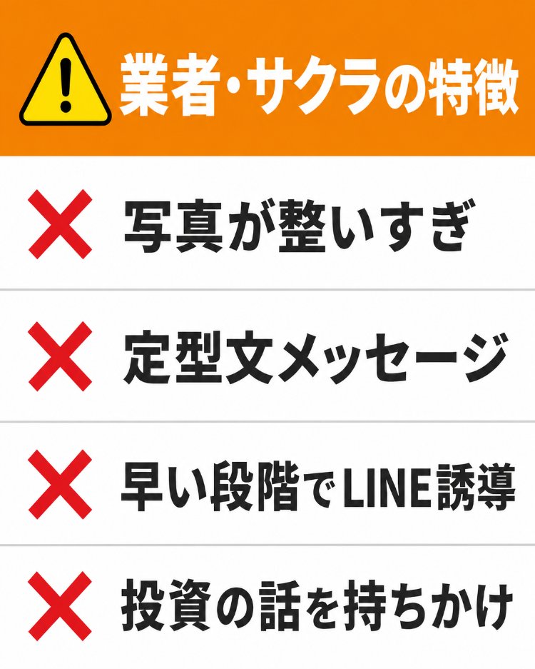 業者・サクラを見分けるための4つの特徴をまとめたチェックリスト画像